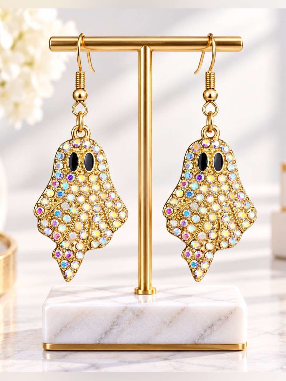 Gold White AB Rhinestone Ghost Dangle Earrings Iridescent Halloween Glam NEW